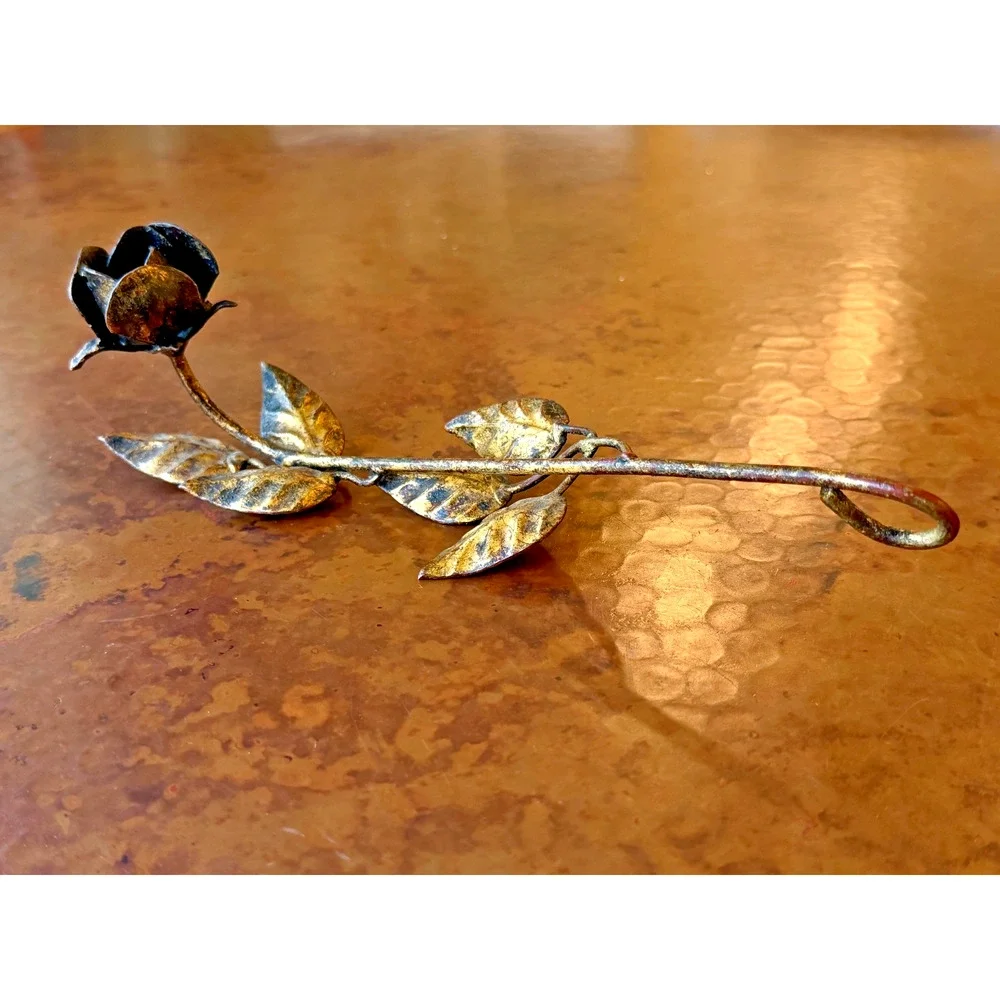 Vintage Tole Rose Candle Snuffer Gold Metal Flower Long Handle 9.5 in Antique